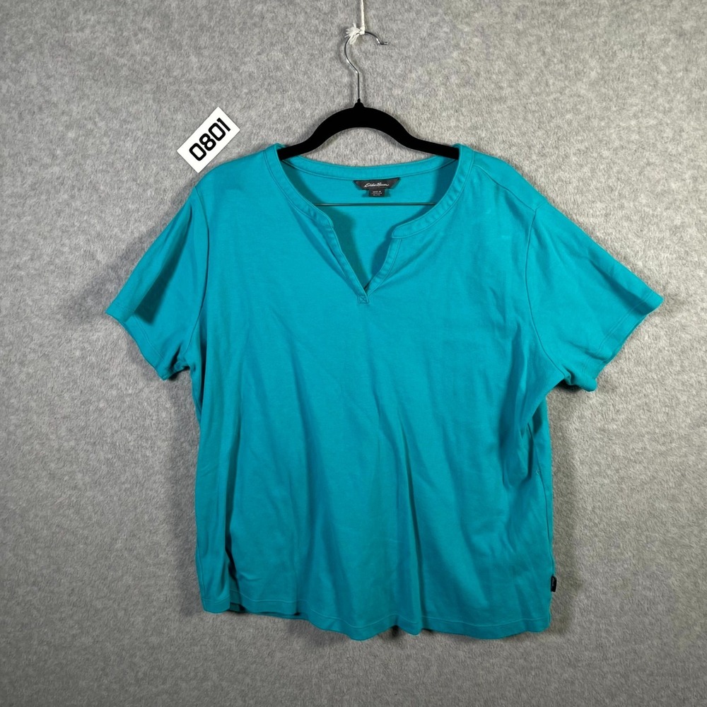 Eddie Bauer Blouse‎ Top Womens XL Aqua Pima Cotton Split Neck Streetwear Casual